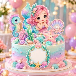 Topo de bolo Sereia Baby Encantada com sereia de cabelo rosa, concha com pérola, estrela-do-mar, cavalo-marinho, corais e moldura personalizável em PNG.
